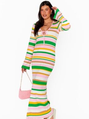 Show Me Your Mumu Vacay Maxi Dress with Colorful Stripes and a Pink Ribbon